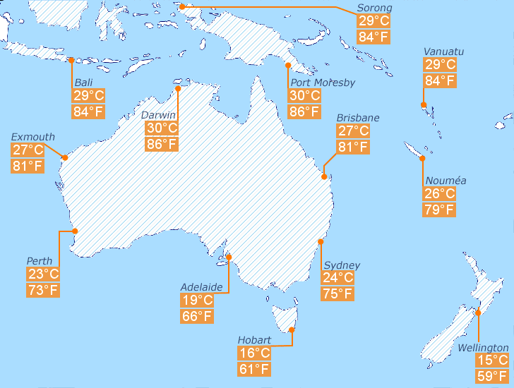 Water temperature map of Australia in January