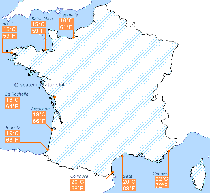Mappa di temperatura dell'acqua in Francia a giugno