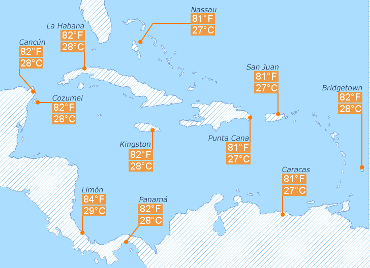 Mapa da temperatura da água do Mar das Caraíbas em maio