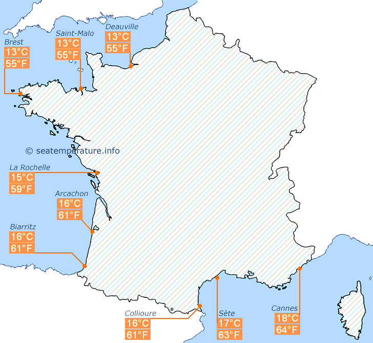 Mappa di temperatura dell'acqua in Francia a maggio