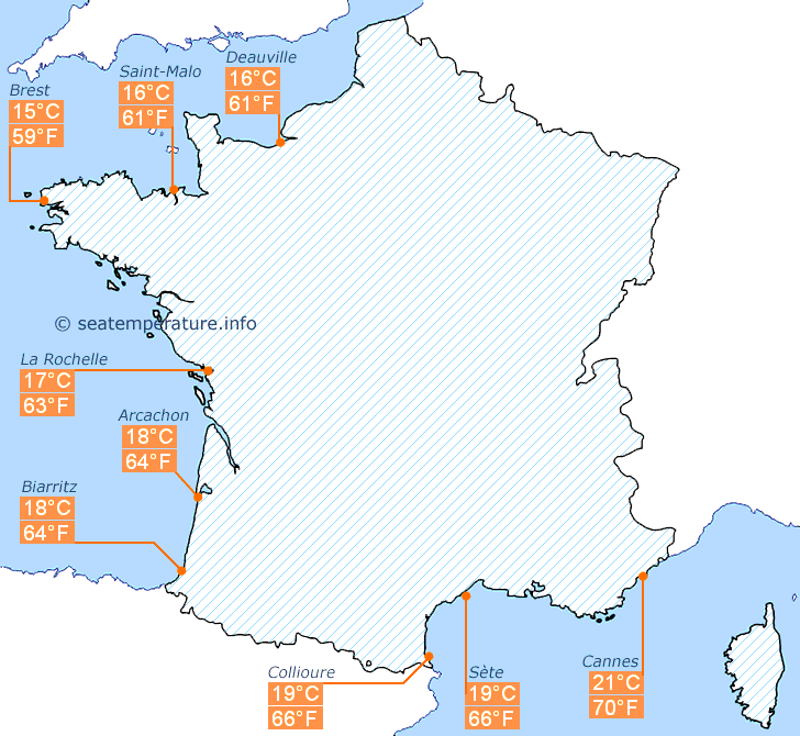 Mappa di temperatura dell'acqua in Francia ad ottobre