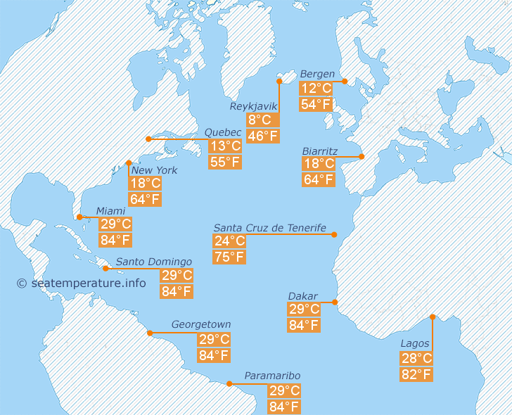 Mappa di temperatura dell'acqua dell'Oceano Atlantico ad ottobre