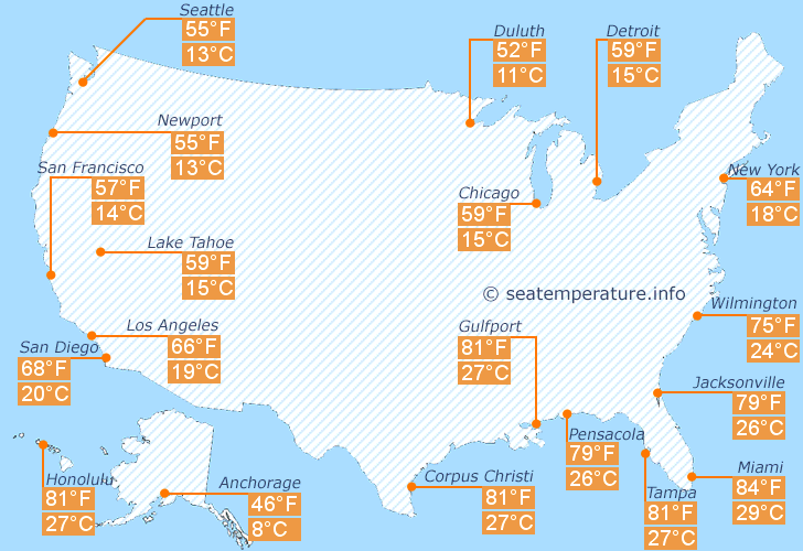 Water temperature map of United States in October