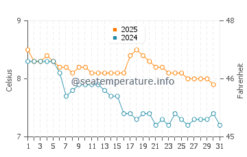 Temperature dell'acqua a Lerwick a gennaio
