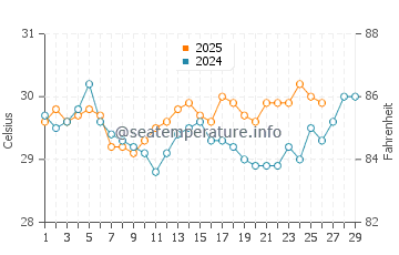Temperature dell'acqua a Madre de Deus a febbraio