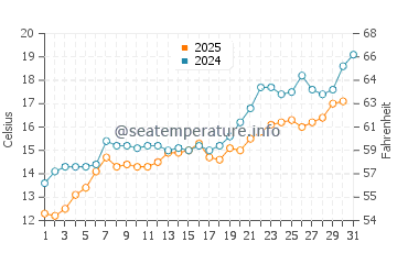 Temperature dell'acqua a Rezovo a maggio
