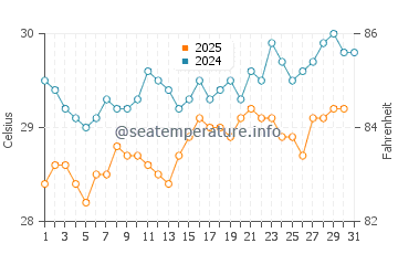 Temperatura da água em Petit-Bourg em julho