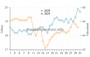 Blueys Beach water temp chart in August