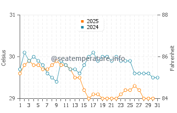 Bodgaya Island water temp chart in August