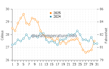 Temperature dell'acqua a Ldzaa ad agosto