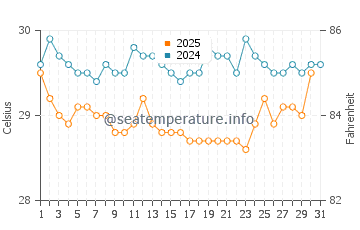 Temperatura da água em Mulatupo Sasardi em agosto