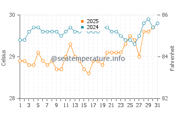 Temperatura da água em Puerto Colombia em agosto