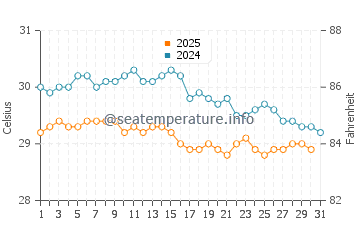 Temperature dell'acqua a Tebikerei ad agosto