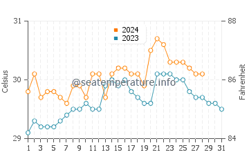 Temperatura del agua en Tiwi en agosto